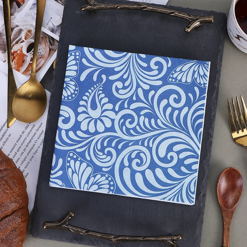 20Pcs Vintage Blue and White Porcelain Decoupage Paper Napkins Flowers Paper Tissues for Party Tableware Decor Wedding Supplies