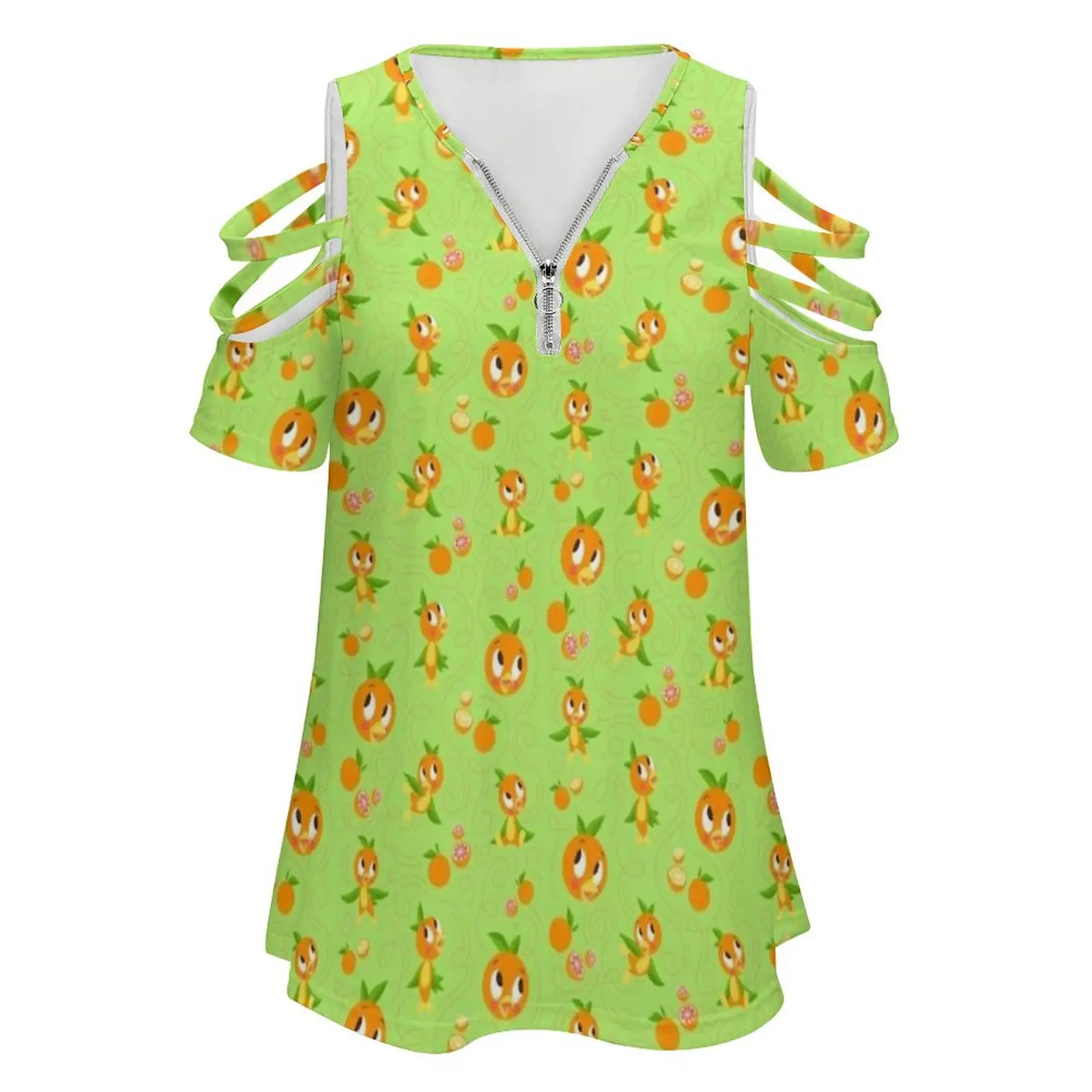 Hello Sunshine!-Orange Bird ( Green Background ) Women Zipper Sexy Printed Vintage T Shirts Tops Full Print T-Shirt Orange Bird