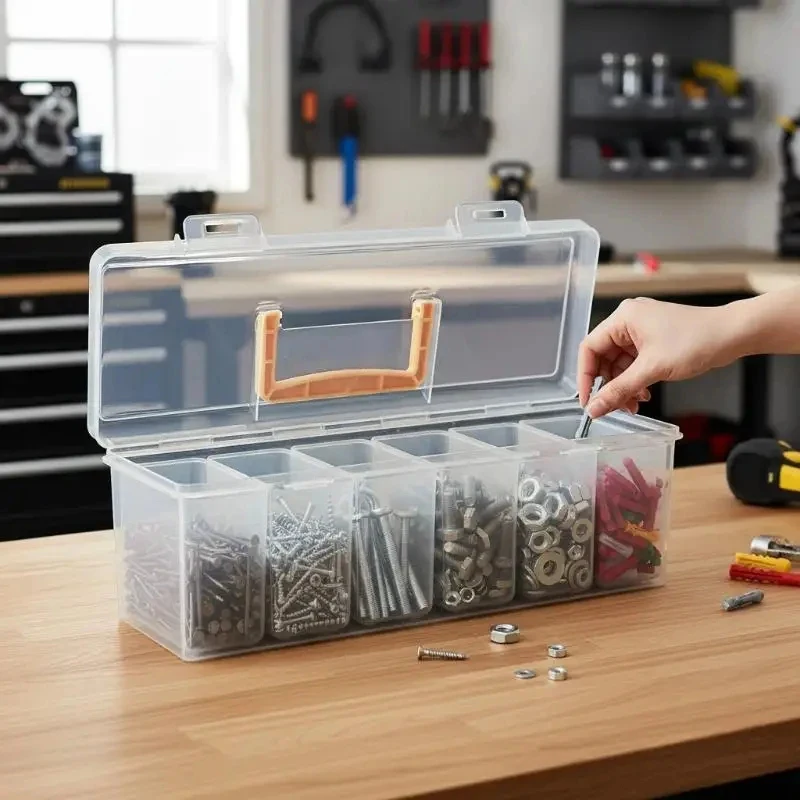 Boîte de rangement transparente multi-compartiments pour outils, avec poignée de transport, pour l'organisation de la maison et du garage