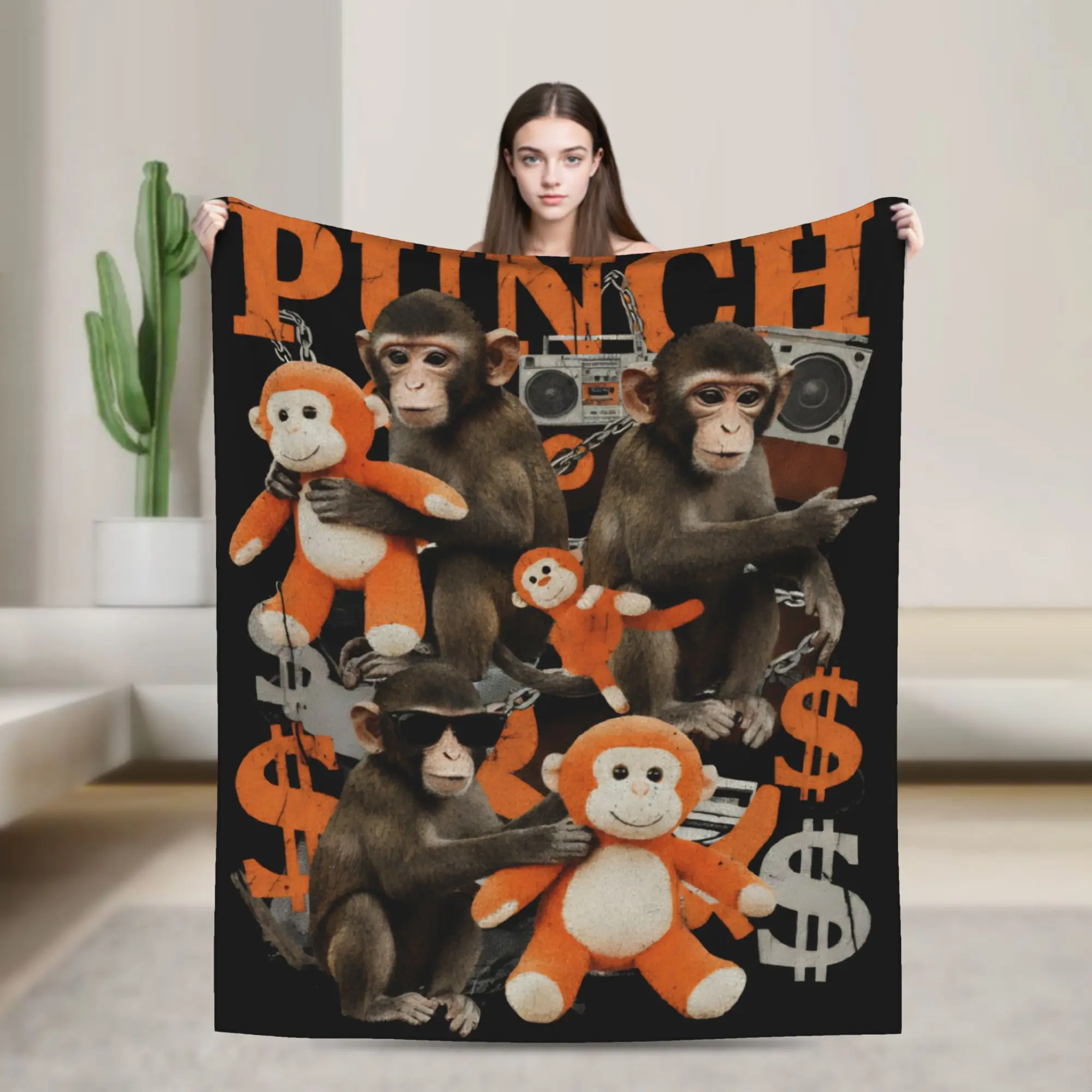 

Плед с изображением милой обезьянки из команды Monkey Punch, разноцветный, супермягкий и теплый, для дивана, кушетки и кровати.