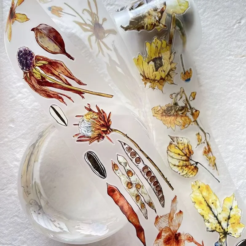 Vintage Colorful Leaves Flowers Washi PET Tape for Card Making Planner DIY Scrapbooking Plan Decorative Sticker