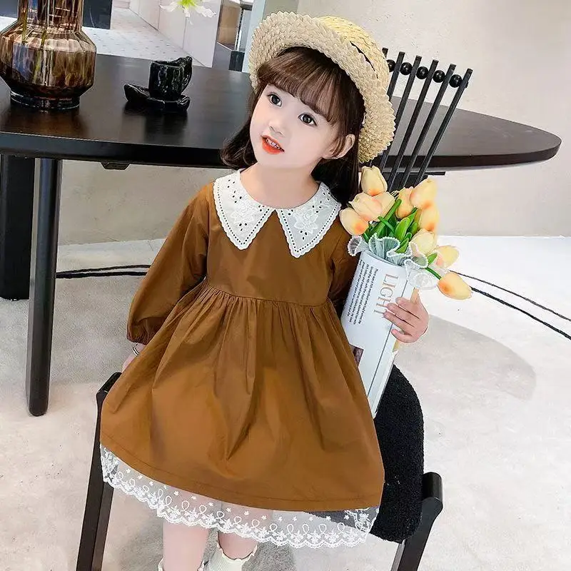 

2026 New Kids Baby Girls Long Sleeve Flower Printing Princess Dress Autumn Baby Girls Doll Collar Dress Children Clothes Dress