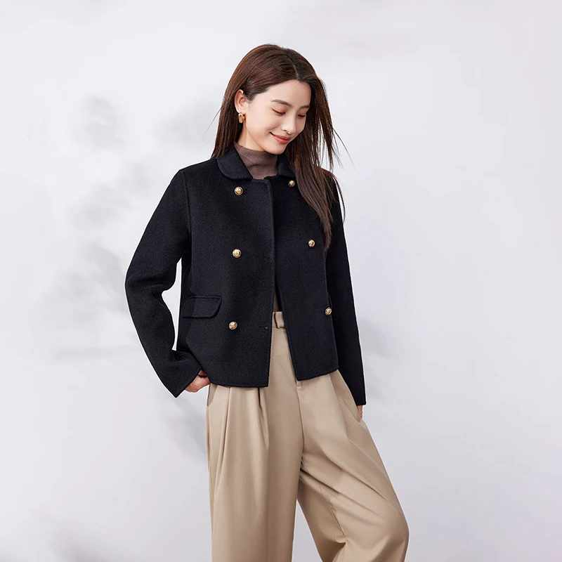 Autumn and Winter New Fashion Elegant Coat Women's Lapel Collar Long Sleeve Double-breasted Double-Faced Cashmere Short Coat