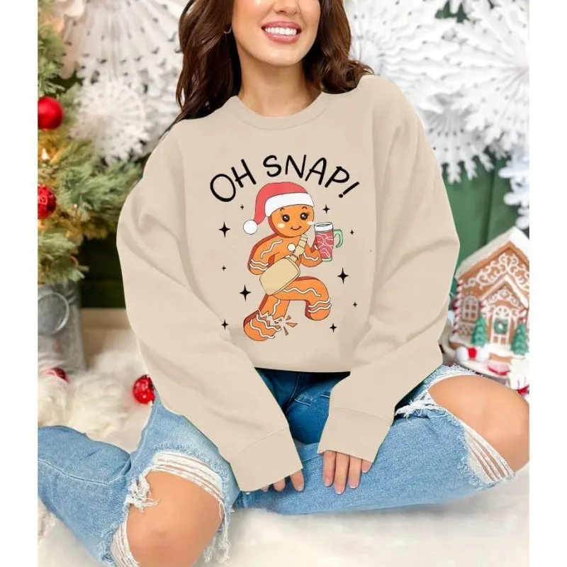 プリント入りプルオーバー長袖ラウンドネックテリーレディースクリスマススウェットシャツ