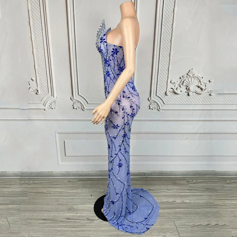 Vestido de cumpleaños con diamantes de imitación azules, vestido de boda para fiesta, disfraz de celebración para mujer, vestidos de noche, traje de pasarela para escenario