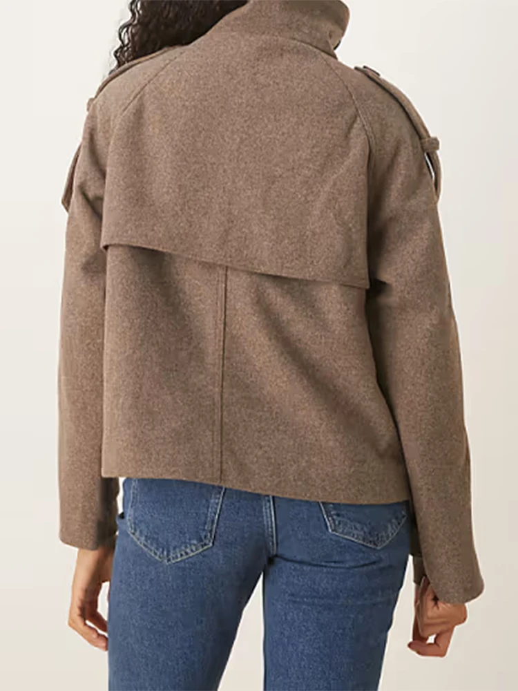 معاطف صوفية نسائية غير رسمية بياقة واقفة وأكمام طويلة وسترات بجيوب لخريف وشتاء 2025 ملابس خارجية للسيدات