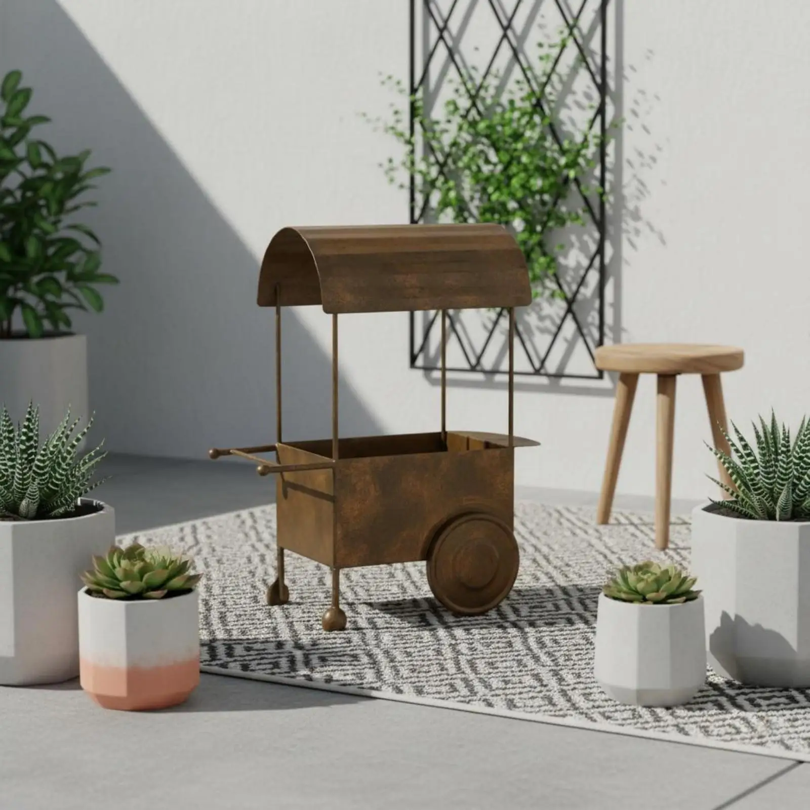 Distressed Metal Cart Planter Rust-Colored Rustic Iron Planter Arched Top Floral Cart