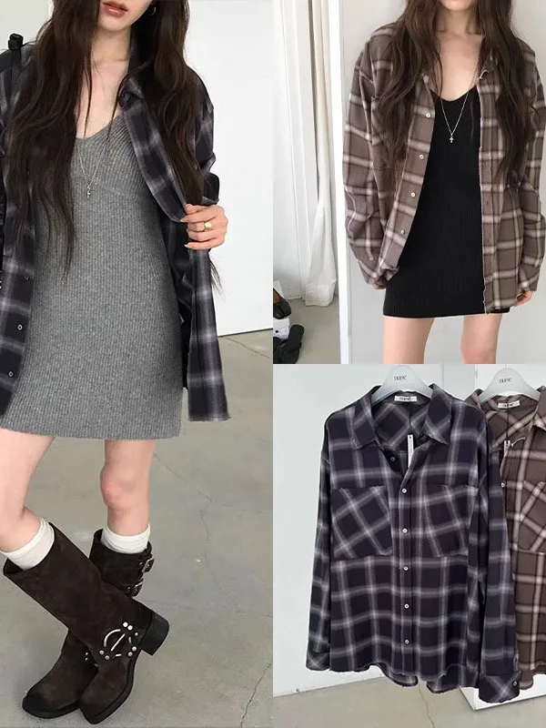 Retro Korean Plaid Shirt Long Sleeve  Collar Single Button Loose Fit Women's Autumn New Style Dongdaemun Frayed  Top