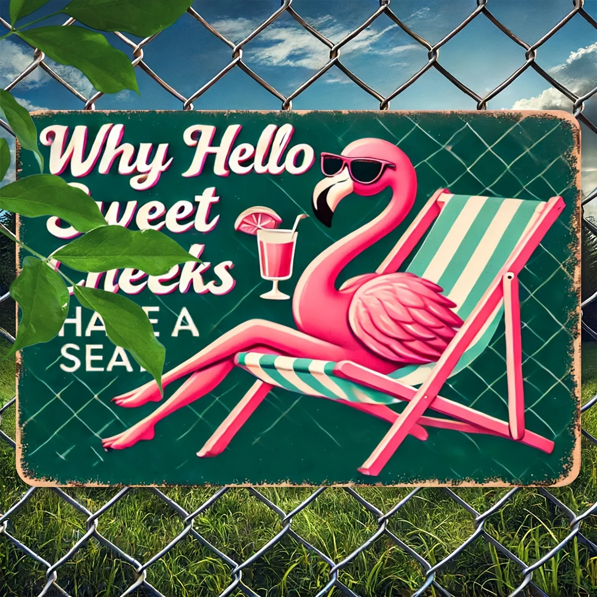 

Vintage Metal Wall Decor Sign "Why Hello Sweet Cheeks Have A Seat"，Funny Novelty Gift, Flamingo Decor