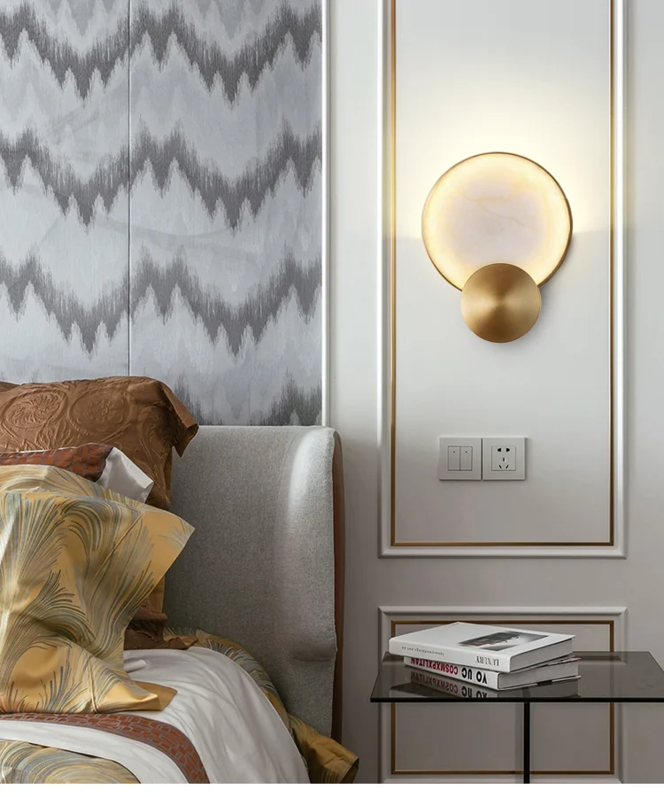 Natural Marble LED Wall Lamp Round Shape Gold Metal Free