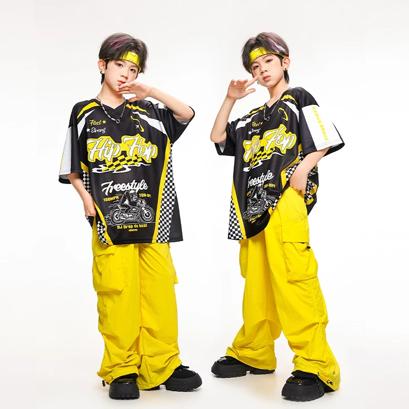 New Children's Hip Hop Street Dance Trendy Clothing Boys Short Sleeve Set Cool Kid‘s Drum Jazz Dance Performance Costume XH819