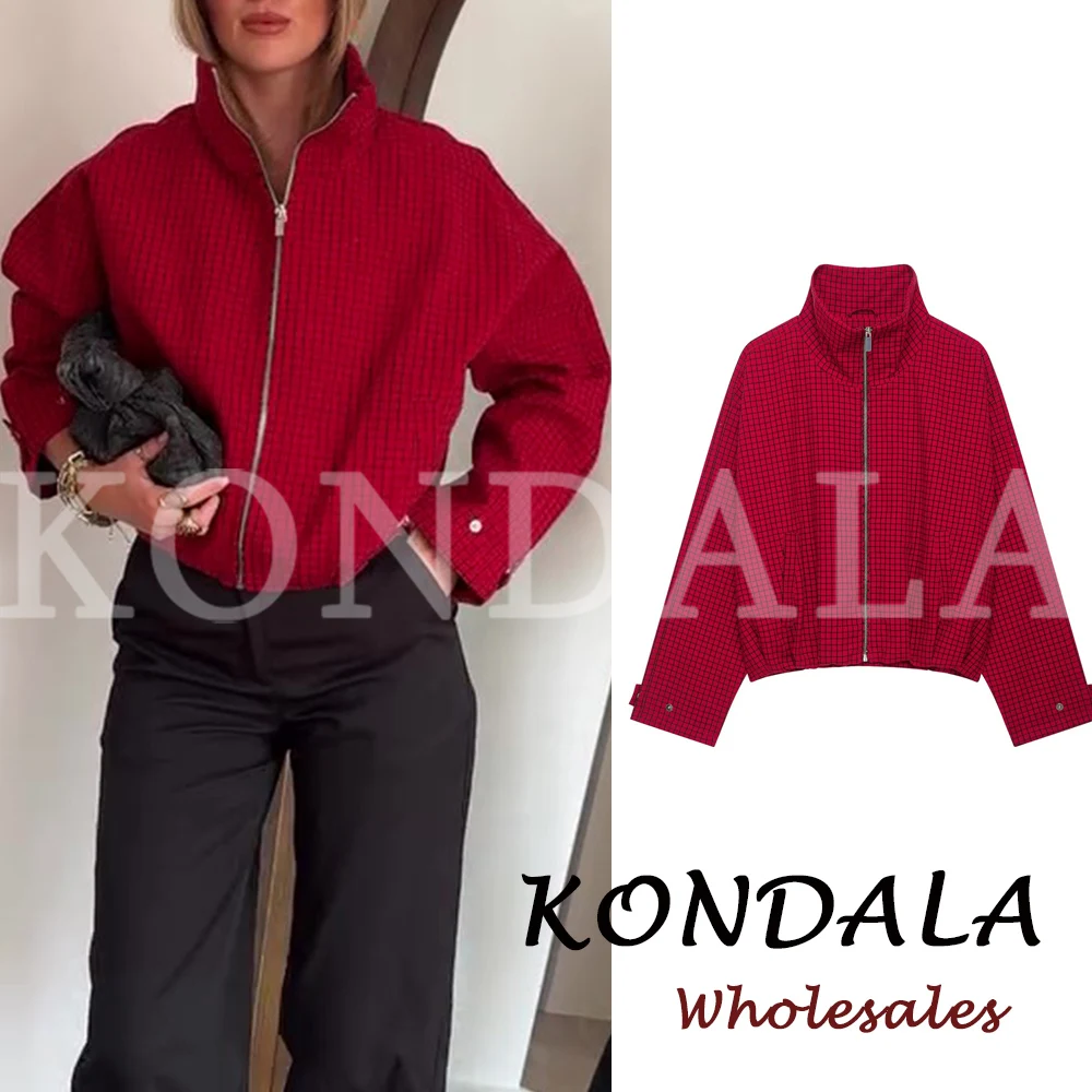 KONDALA Vintage Damen Pilotenjacken Rot Kariert Waffelstrick Stehkragen Lockerer Reißverschluss Langarm Streetwear Herbst Freizeitjacken – Detail 5