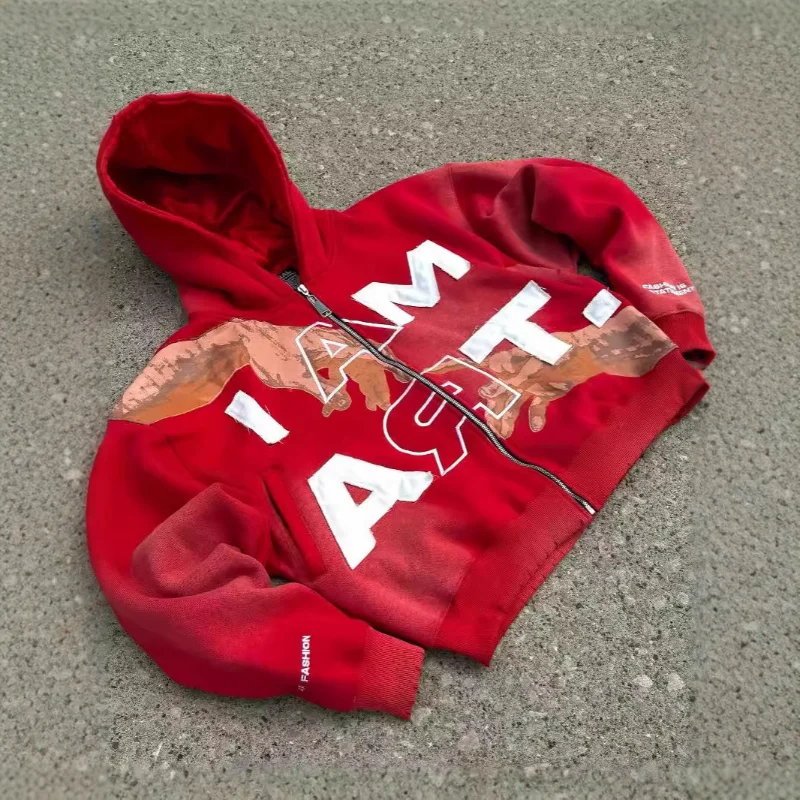MWJLPWQ Y2K Men's Zip Up Hoodie I Am Art Letter Patch Hand Graphic Print Vintage Washed Cropped Streetwear Hooded Jacket 20929