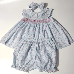 2024 Summer Baby Girls Dress Suit Sets Infant Toddler Embroidery Smocked Floral Dress With Shorts Headband Children Casual Pants