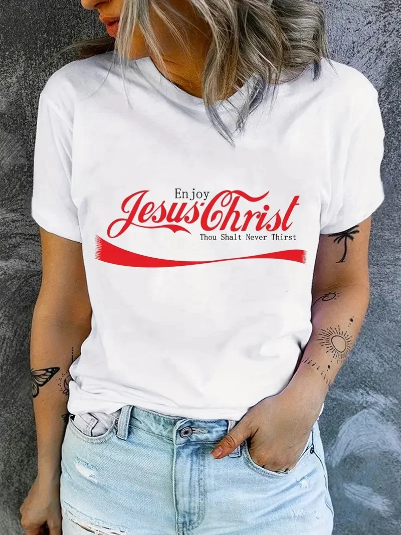 Jesus Print T-Shirt, Short Sleeve Crew Neck Casual Top For Summer & Spring, Women\'s Clothing