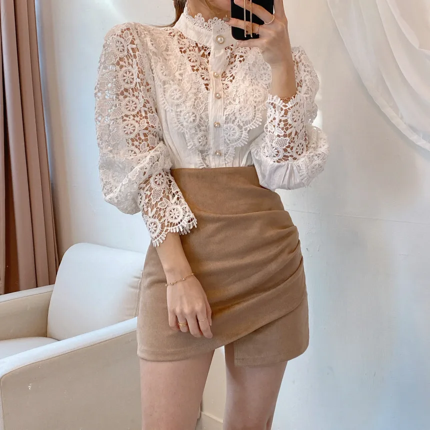 Long Sleeve Lace Blouse Summer 2024 Korea Women Sexy Hollow Out Flower White Lace Basic Shirt Top  Elegant Office Work Blouse