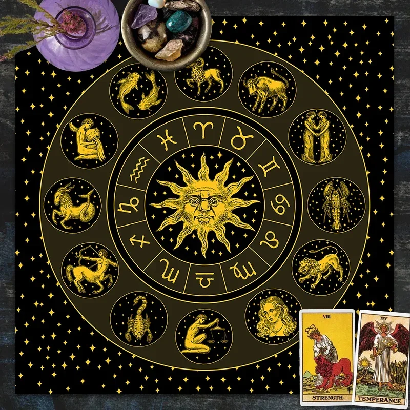 Wheel of the Zodiac Astrology Chart Tarot Tablecloth sun moon Phase Altar Cloth Tarots Cloth Divination Astrology Board Game