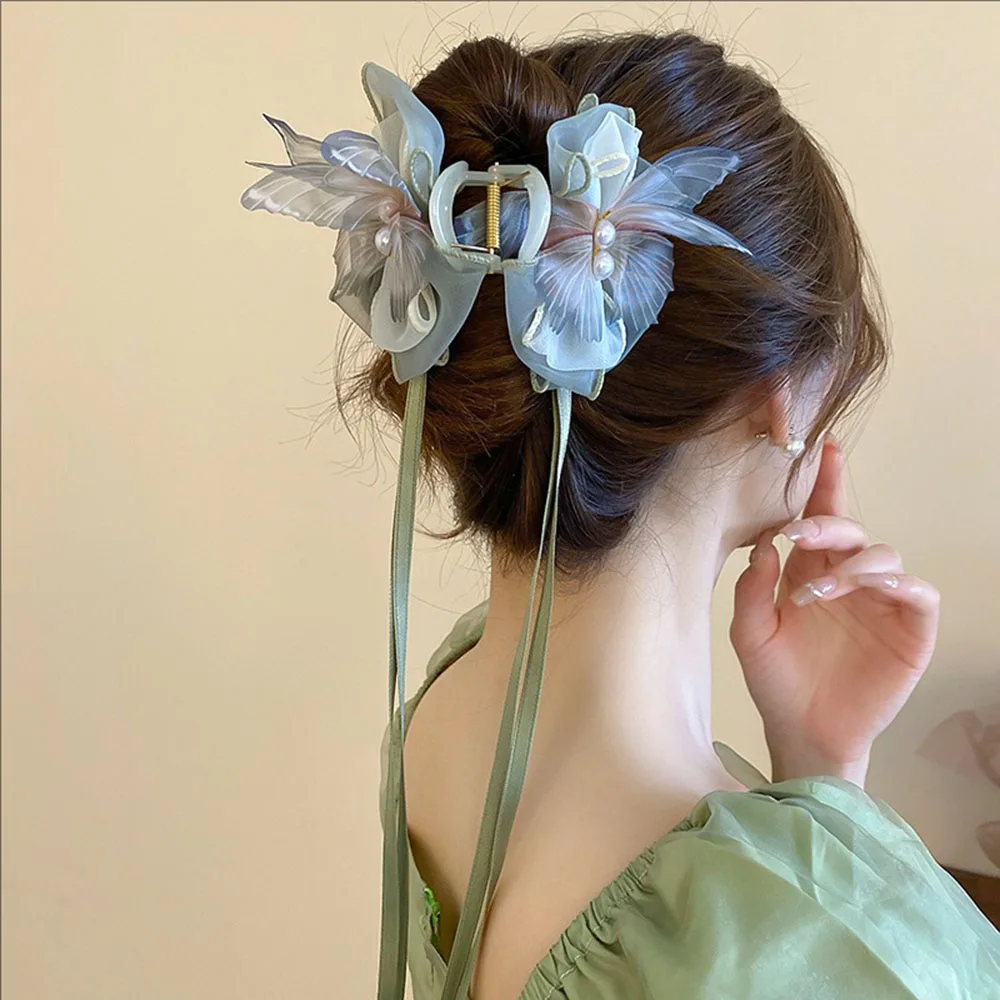 

New Bow Butterfly Pearl Hair Clipper Fashionable Back Of Head Shark Clip Ancient-style Hair Clips Women's Hair Accessories