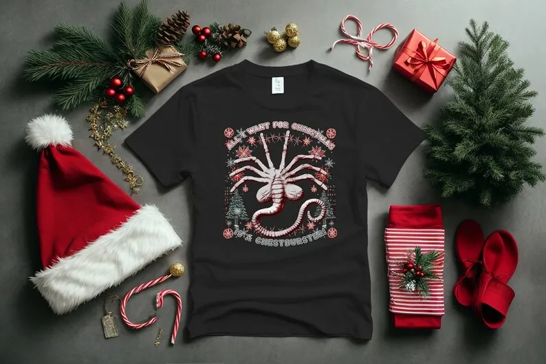 All I Want For Christmas Is A Chestburster! Alien Xenomorph ugly Sweater design style T-Shirt Unisex T-Shirt Digital Print Sizes