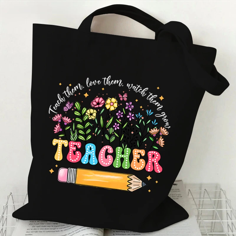 Cartoon Crayon Pattern Women's Handbag Teach Them Love Them Watch Them Grow Print Tote Bag Teacher Gift Wildflower Shoulder Bag