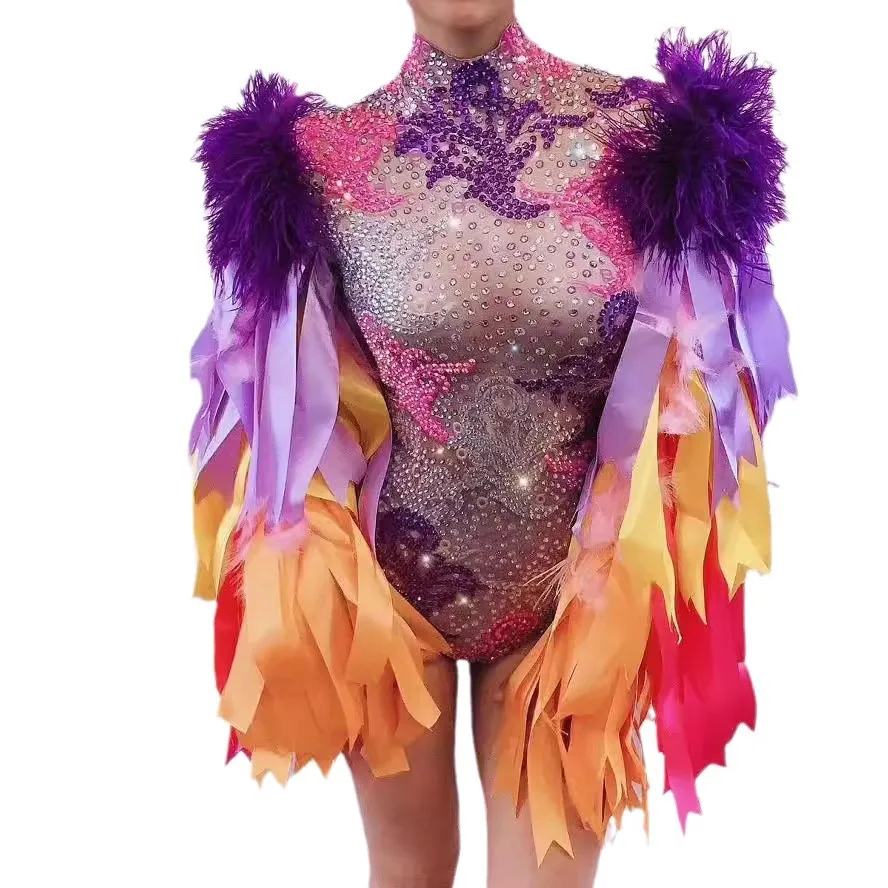

Singer Dance Sexy Shiny Diamond Ribbon Feather Stretch Onesie Costume Female Ballkleid Luxuskleid Maxi Dresses For Wedding Guest