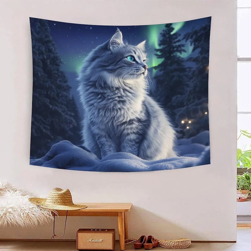 1 tapiz de gato del bosque noruego: acogedor tapiz de terciopelo melocotón para colgar en la pared con diseño de auroras boreales y escenas de nieve, decoración de pared del dormitorio