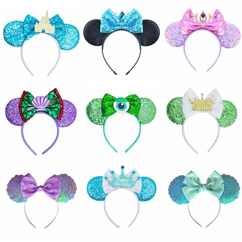 

Disney Mickey Mouse Ears Headband Cartoon Minnie Sequins Bow Headwear Women Girls Party Hair Accessories Headdress Toys Gifts