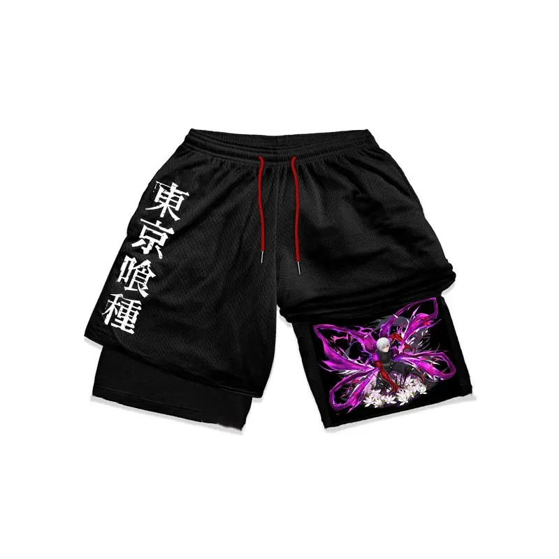 Pantalones cortos de Anime Tokyo Ghoul para hombre, ropa deportiva 2 en 1 de secado rápido para entrenamiento, deporte, Fitness, color negro