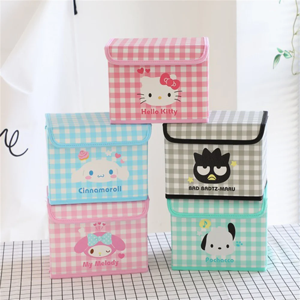 Sanrio Desktop Storage Box Kawaii Cinnamoroll Melody Kuromi Foldable Storage Basket Lid Divided Sorting Boxs Sundry Organizer