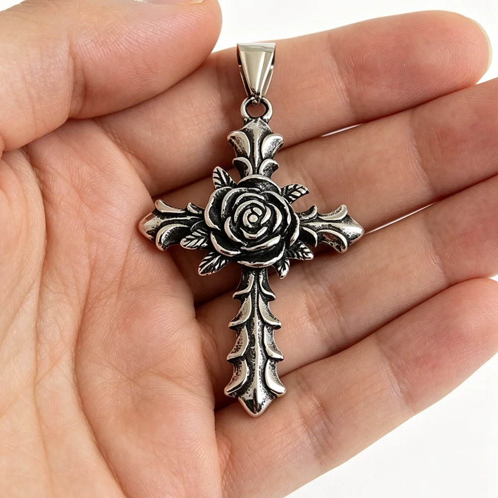 Retro cast cross rose stainless steel pendant, blackened process does not fade, daily wear