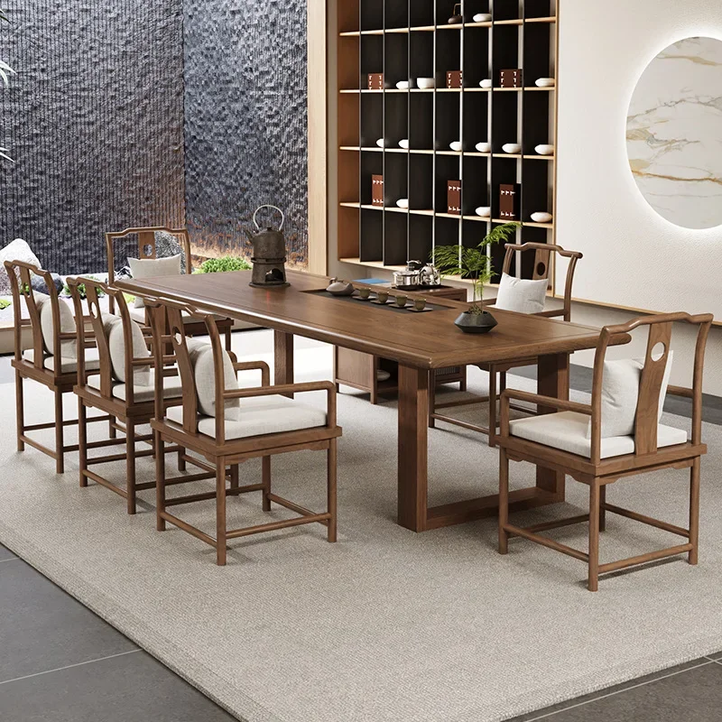 Solid wood dining table large board new Chinese coffee table Zen casual meeting guests Kung Fu rectangular tea table