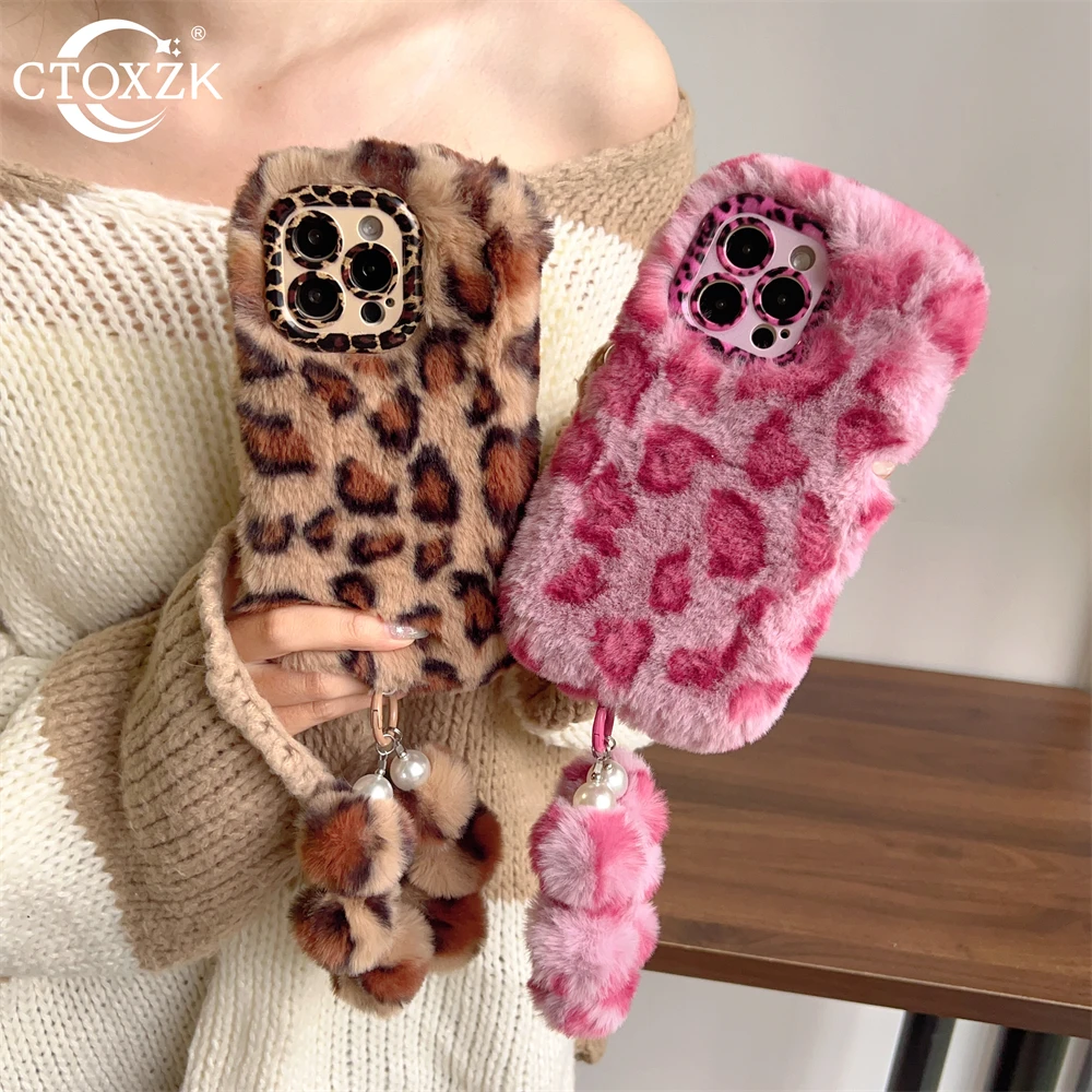 Cartoon Plush Embroidered Leopard Print For iPhone 12 13 14 15 16 Pro Max 11 Lens Holder Protection With Plush Hand Rope Case