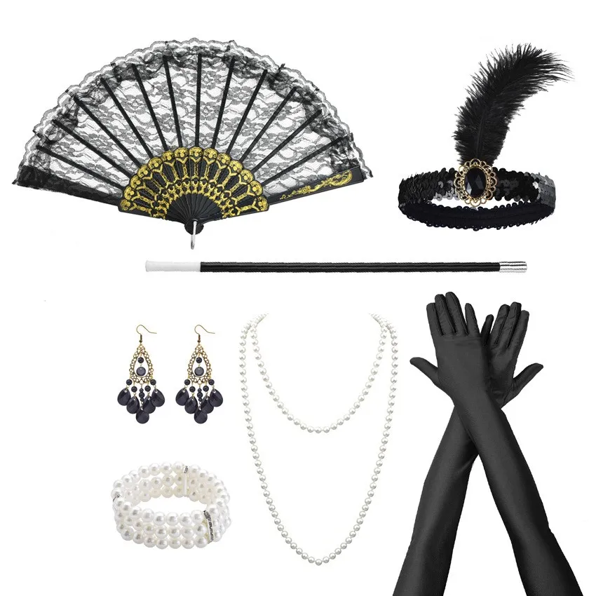 7pcs 1920s Gatsby Makeup Ball Accessories Party Feather Headband Necklace Fan Sock Bracelet Long Smoke Rod Glove Set