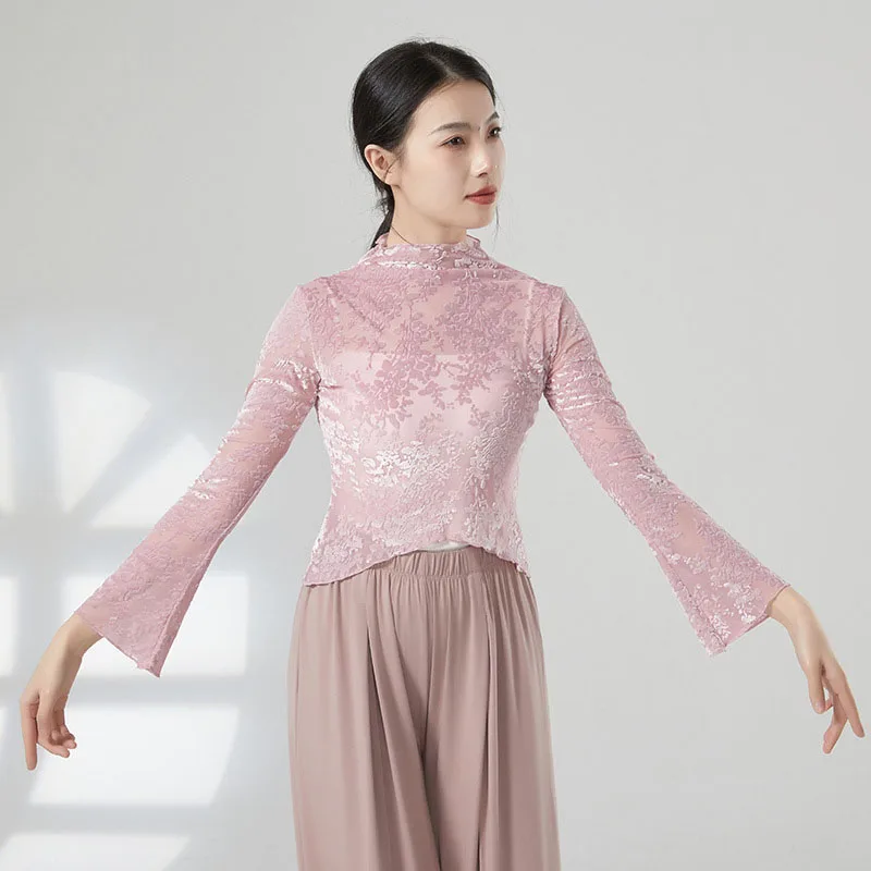 大人スリムフィット花柄メッシュフロックモックネックベリーダンス長袖ブラウスショートトップ衣装女性のための運動ダンス服