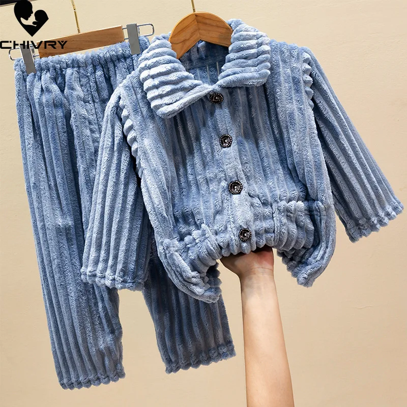 New 2022 Kids Boys Girls Autumn Winter Soft Coral Fleece Warm Pajama Sets Solid Lapel Tops with Pants Sleepwear Pyjamas Clothing