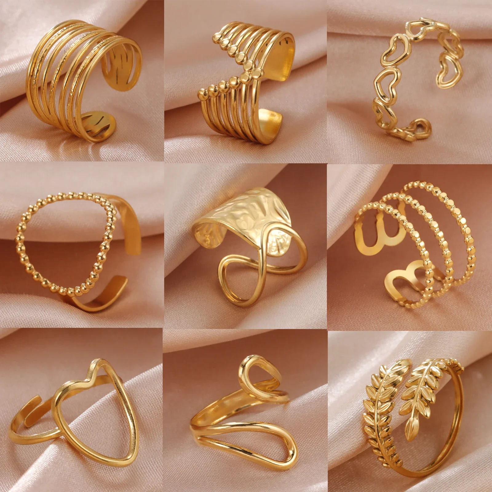 Edelstahl Offene Ringe für Frauen Geometrisches Herz Weizenähren Verstellbarer Fingerring Modeschmuck Geburtstagsgeschenk Großhandel – Detail 1