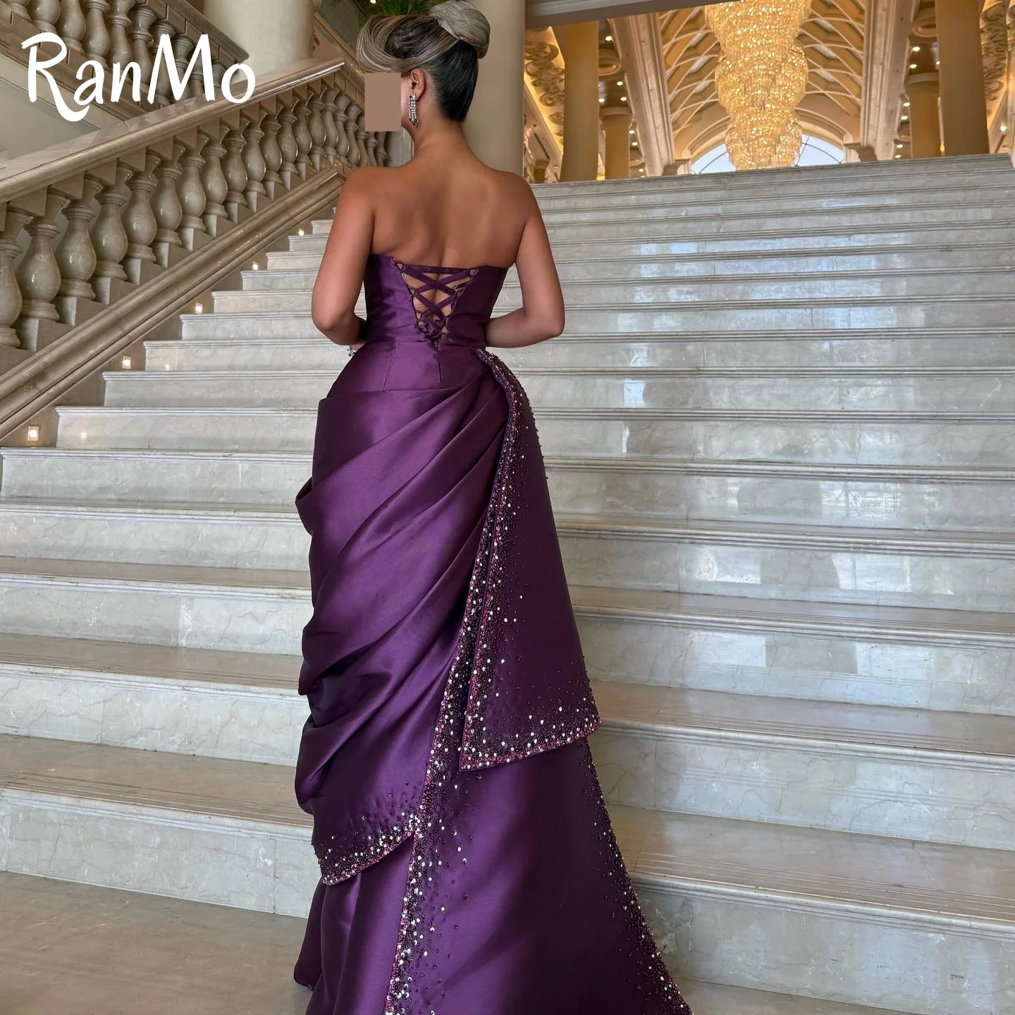 Ranmo Customized Exquisite Strapless Sleeveless Evening Dress High Quality Satin Prom Dresses Delicate Crystal Bridal Party Gown