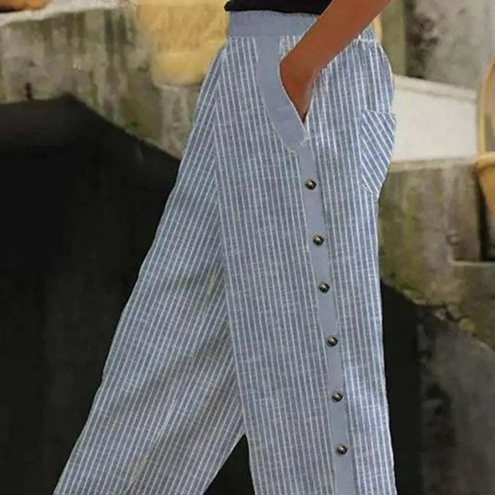 

Women Long Pants Striped Print Trousers Mid-rise Elastic Waistband Side Buttons Stylish Women's Summer Pants with Pockets