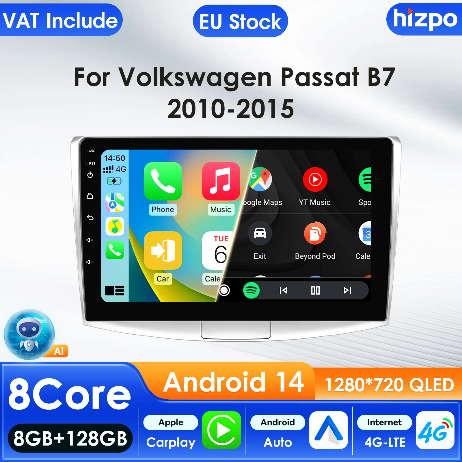 Hizpo 2 Din Auto-Multimedia-Player für Volkswagen VW Passat B7 CC 2010–2015 GPS Carplay 4G Intelligenter Bildschirm Autoradio BT AI RDS
