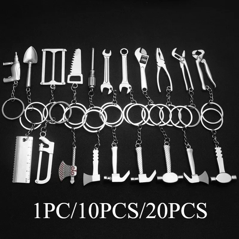

1PC/10PCS/20PCS Small Construction Tools Keychain Multi-Design Metal Keyrings with Adjustable Wrench Spanner DIY Mini Gifts