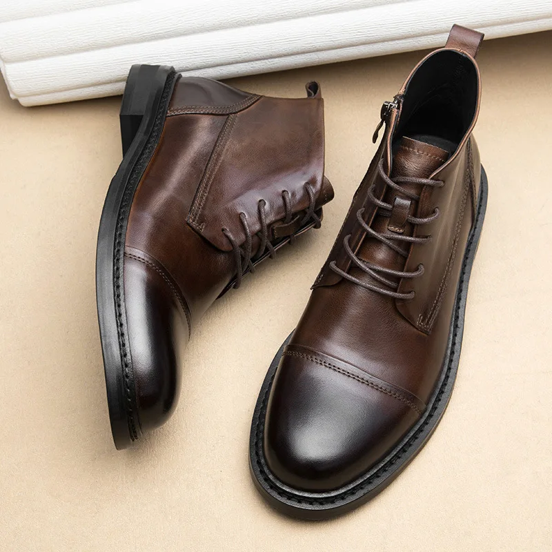أنيقة رجالي بوط من الجلد الطبيعي الفاخرة اليدوية 2025 الخريف موضة النمط البريطاني الرجعية الكاحل تشيلسي أحذية للذكور حجم 44 #1