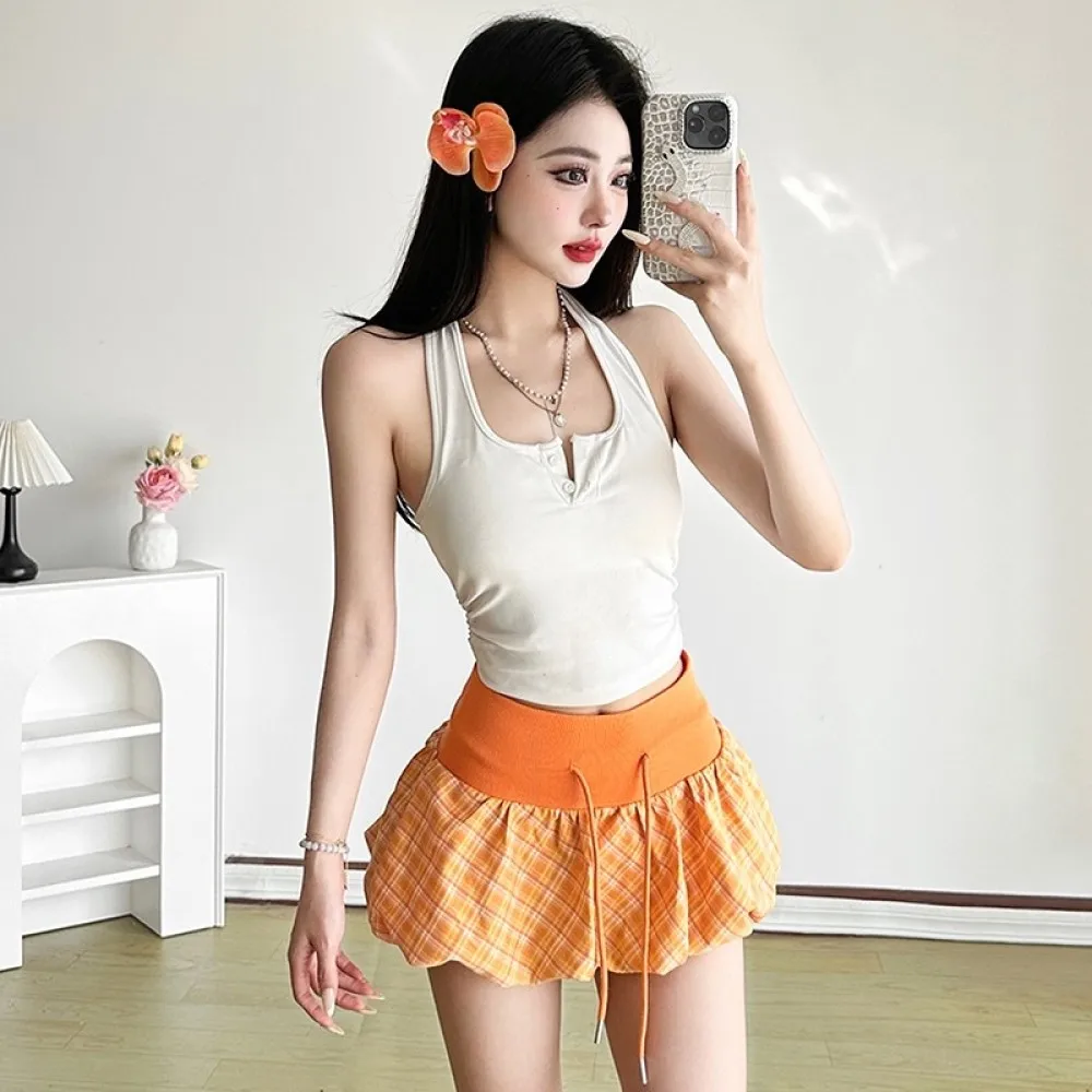 

SylCue Plaid Print Mini Skirts Woman Drawstring High Waist Skinny Stretch Sweet Girls Street Fashion Y2K Elegant Style Bottoms