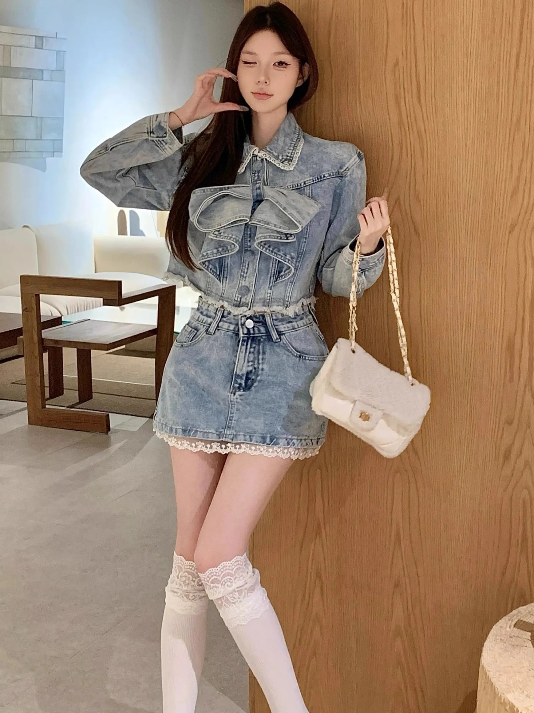 Retro American Sle Women's Faion Autumn Outfit  Knot Denim Wrap Skirt Two-Piece Set Warm ort Coat Long Sve