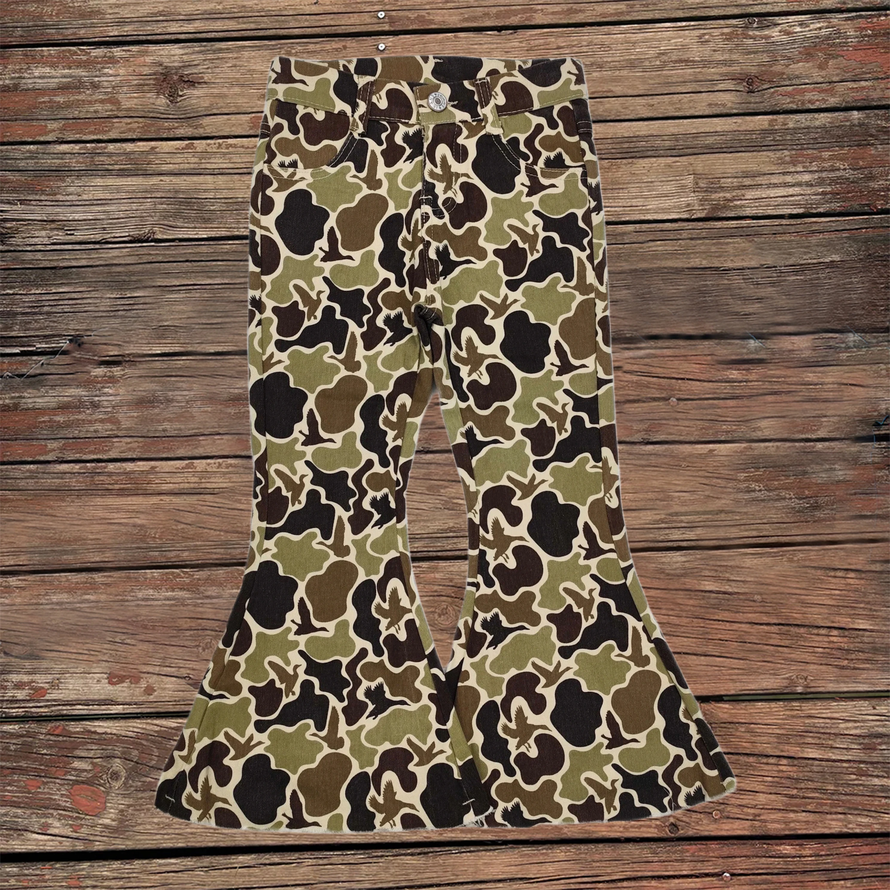 Wholesale Baby Girl Camo Duck Fall Bell Flare Denim Boutique Toddler Zipper Bottom Pants Kids Pocket Trousers Children Jeans