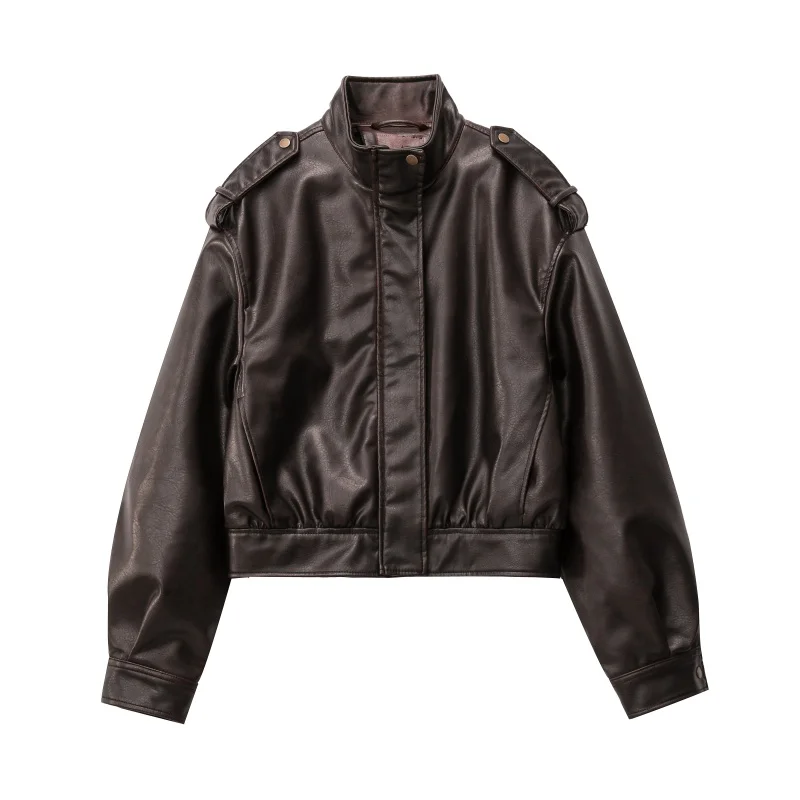 Original, high-quality 2026 new style women's leather-effect blazer with a stand-up collar, for ladies.