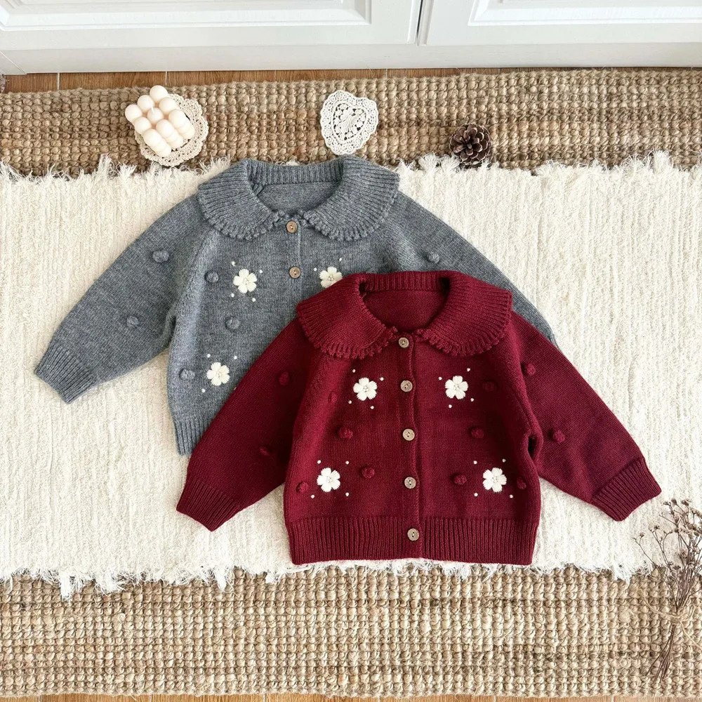 Fall Winter baby girl clothes kids coat Handmade hook flower French style knitted cardigan Retro girl's coat