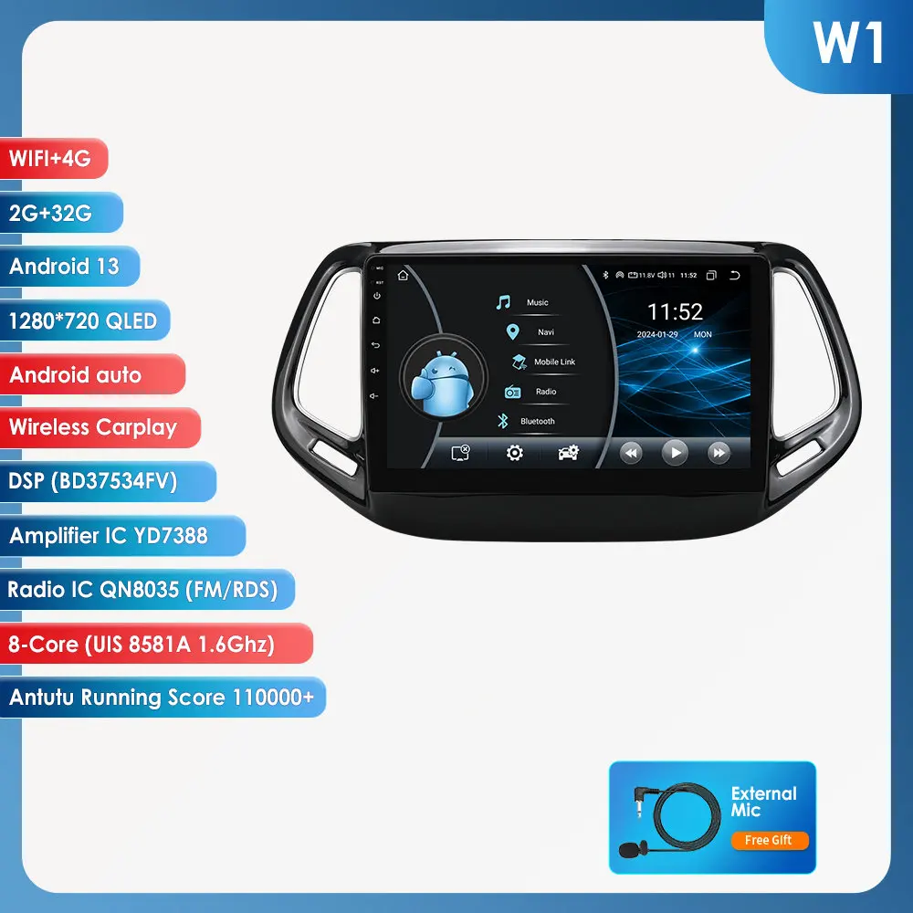 Hizpo Auto Android 14 voor Jeep Compass 2017-2020 Auto Radio Multimedia Speler GPS Navigatie Carplay Stereo 4G BT Geen 2din DVD AI
