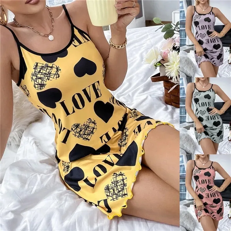 Camisón Sexy con tirantes finos y cuello en V para mujer, camisón holgado de algodón para verano, vestido para dormir con estampado bonito para mujer, ropa de dormir ligera