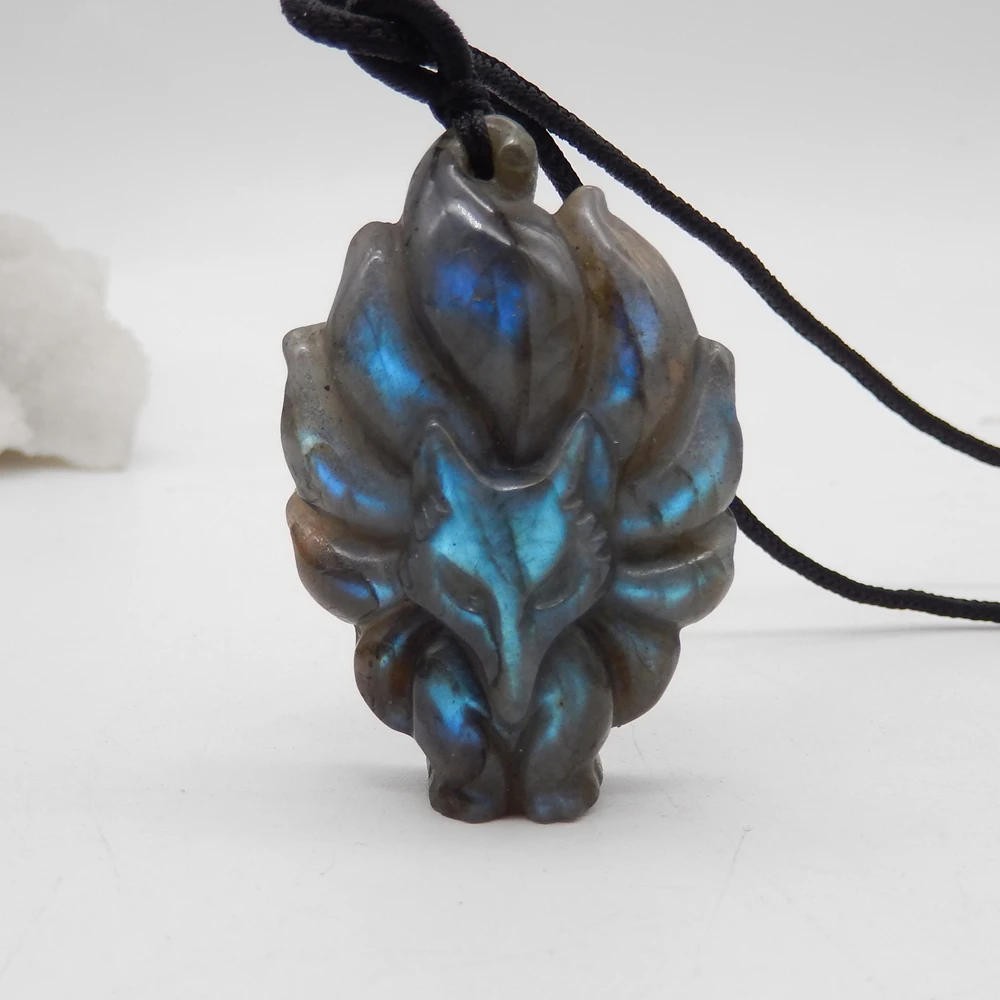 Natural Labradorite Hand Carved Nine-Tailed Fox Pendant Bead,Semiprecious Fashion Jewelry Necklace Accessories Gift