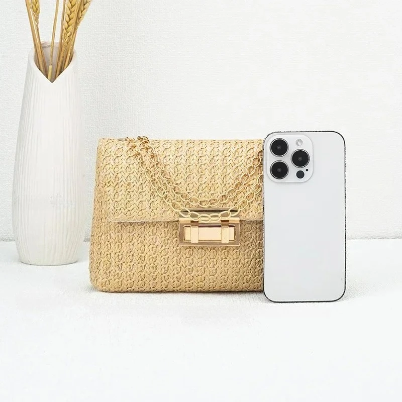 Woven Straw Womens Crossbody Bag, Fashion Handwoven Cross Body Purse with Lock Closure Minimalist Handbag Shoulder Bag for Women